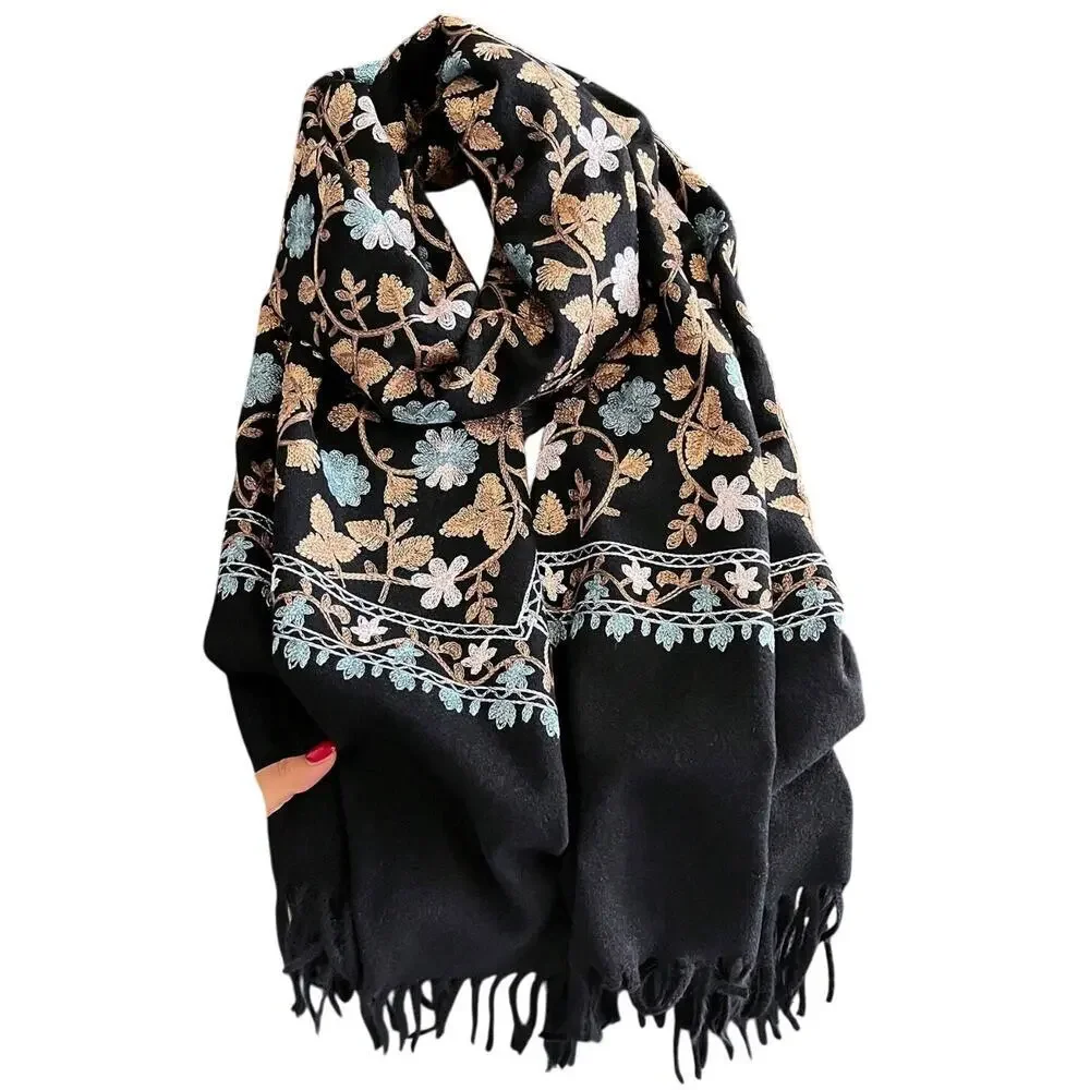 Women's Embroidered Cashmere and Wool Scarf in Black, Size OS​​